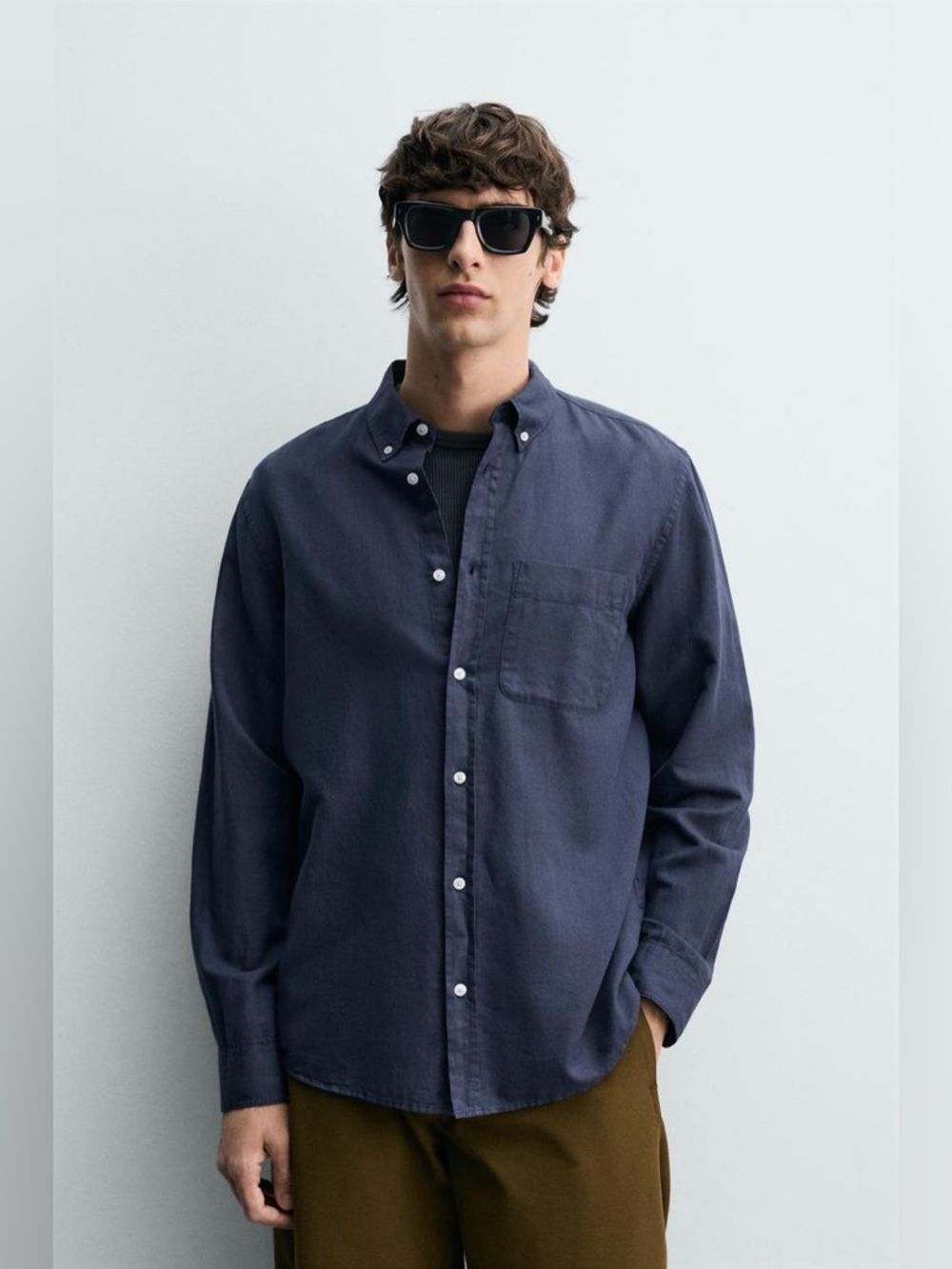 Zara Navy Pattern Layered Collar Detail Slim Fit Longsleeve Button Down Shirt